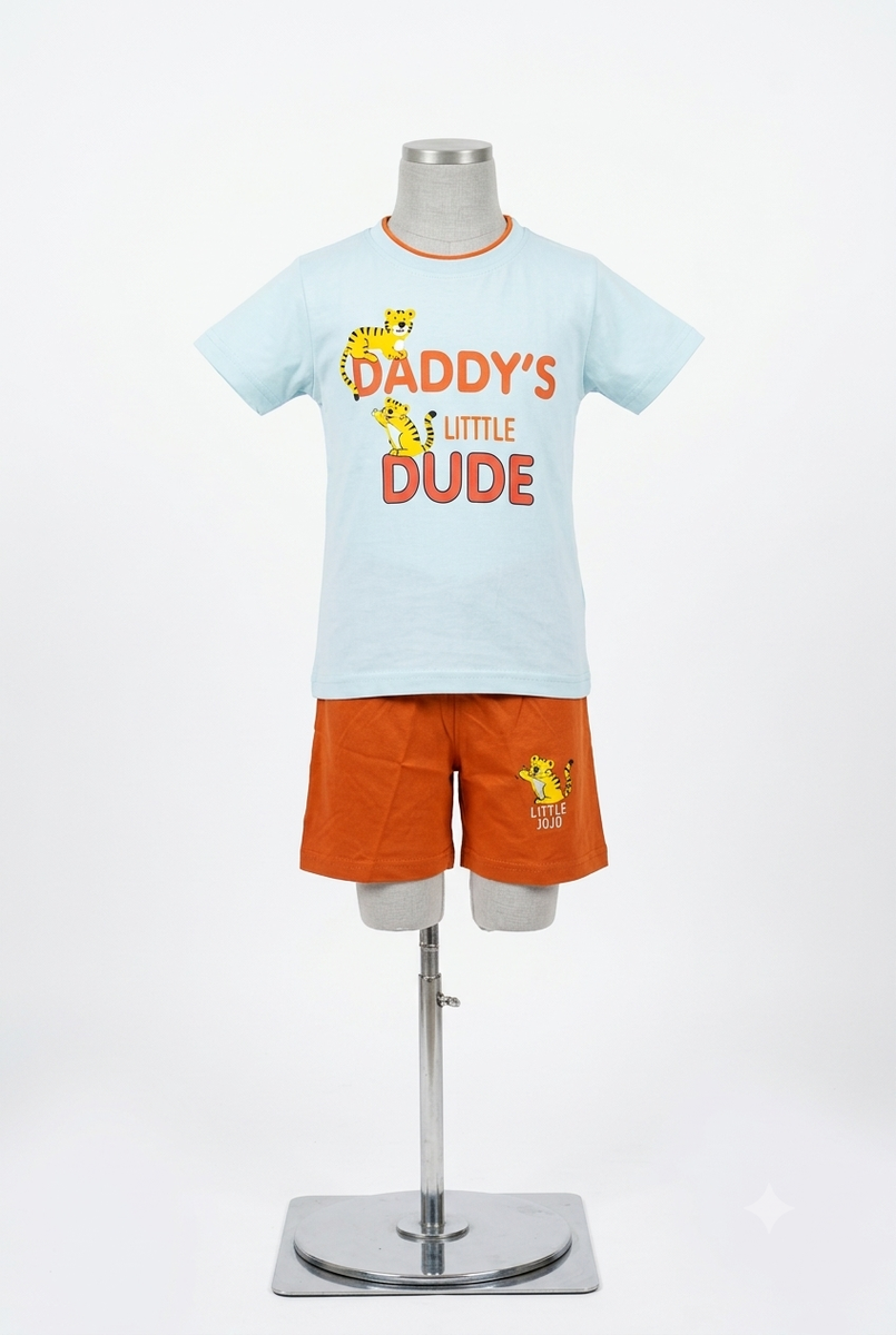 Boys Sky Blue & Rust Orange Graphic T-Shirt and Shorts Co-ord Set