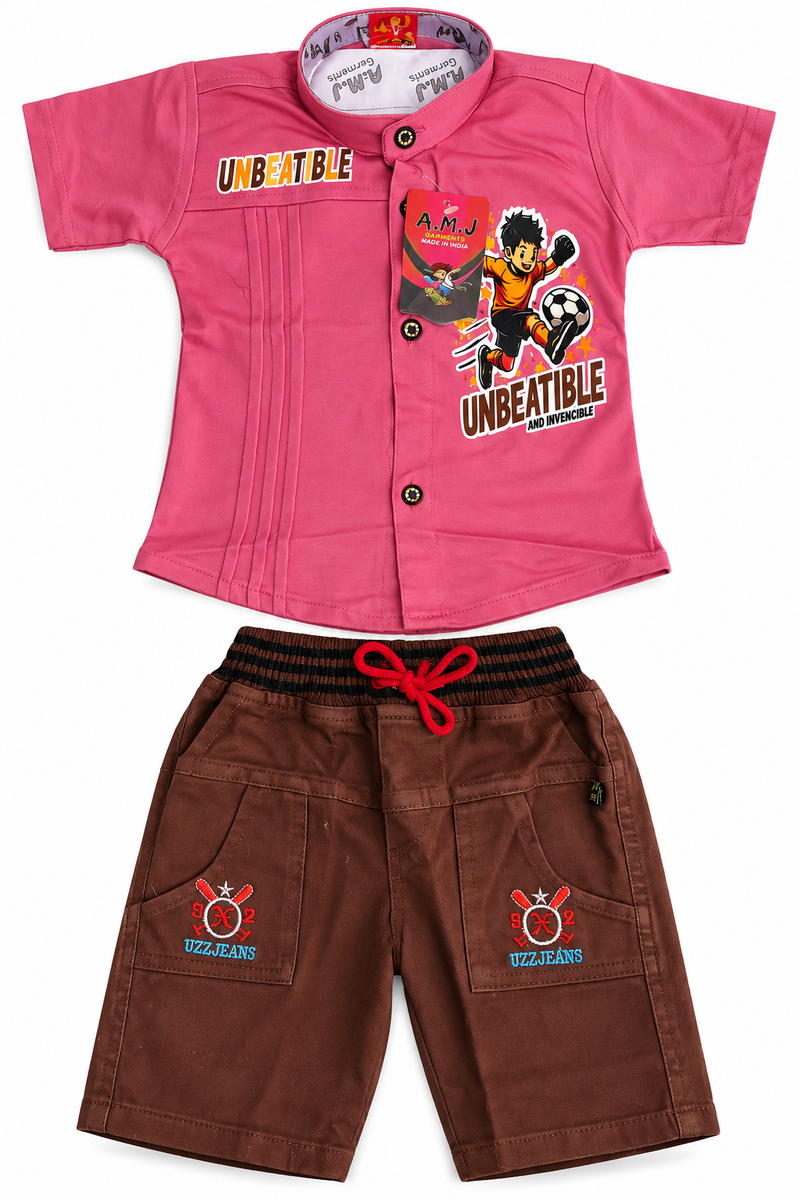 Boys Pink Shirt and Brown Shorts Co-ord Set