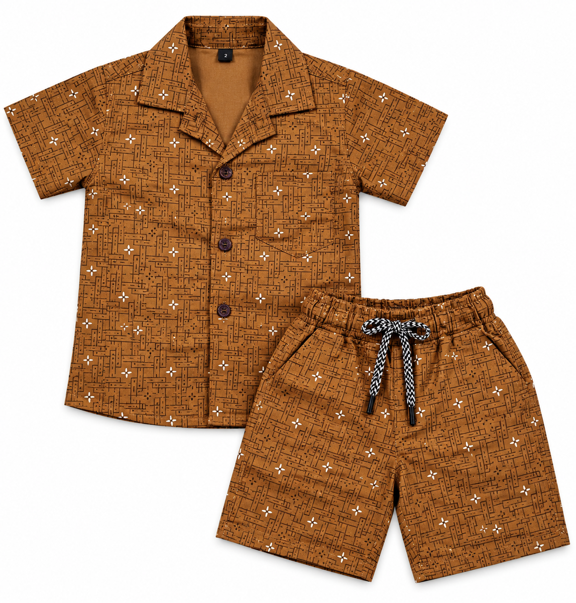 Brown Printed Cotton Shirt and Shorts Set