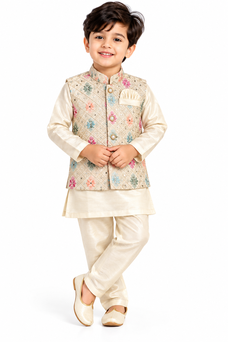 Boys Beige Silk Blend Kurta with Nehru Jacket Set