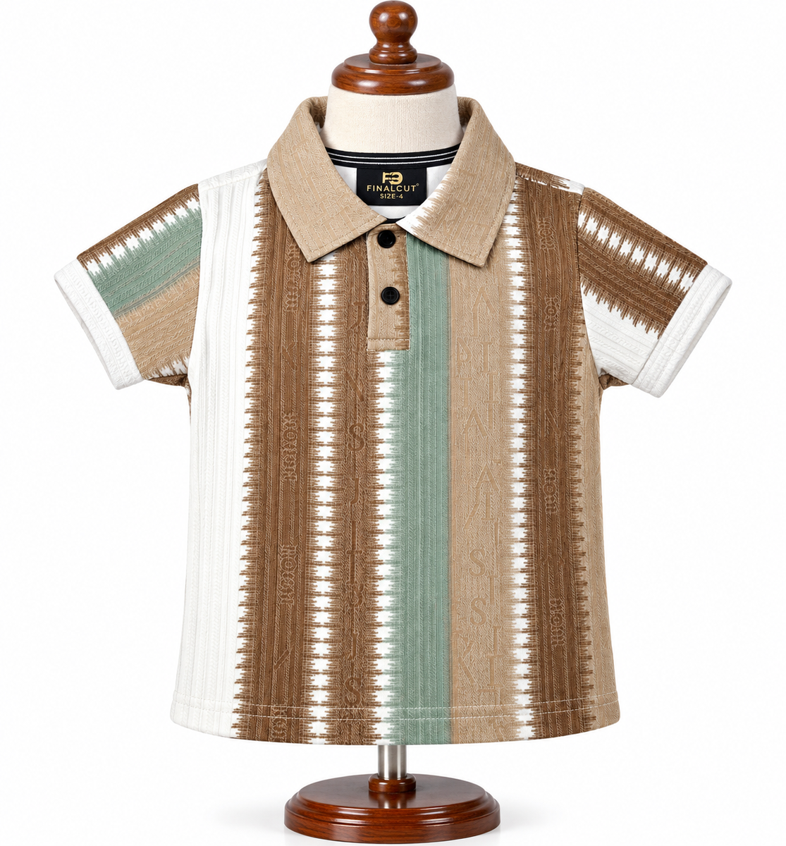 Boys Beige & Brown Textured Striped Polo T-Shirt
