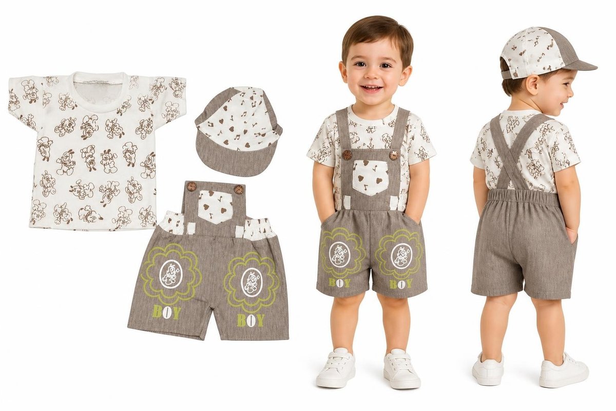 Baby Boys Printed Dungaree Romper with Matching Cap - Brown