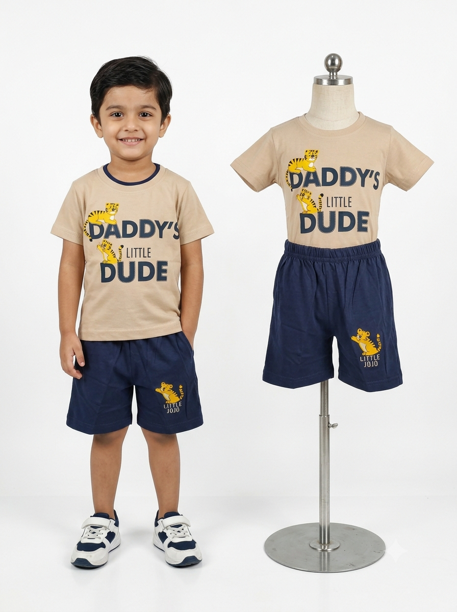 Boys Beige & Navy 'Daddy's Little Dude' T-Shirt & Shorts Set