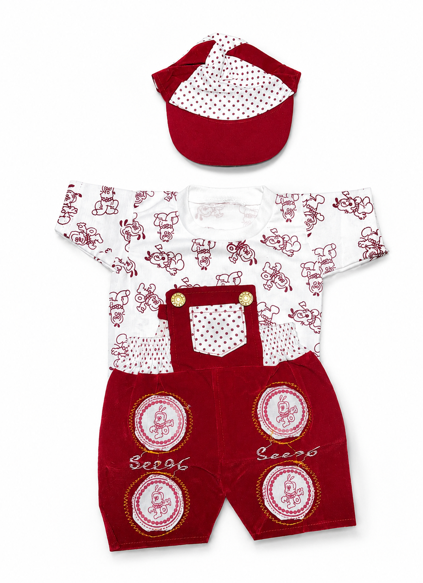 Boys Maroon Velvet Dungaree Shorts Set with Cap — lifestyle