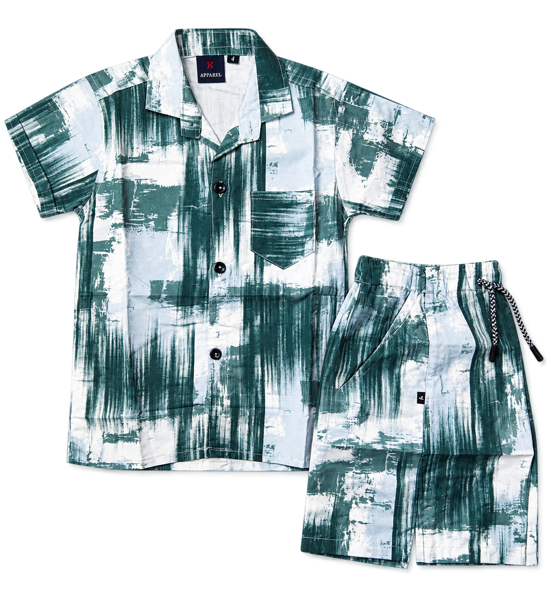 Boys Green Abstract Print Shirt and Shorts Set