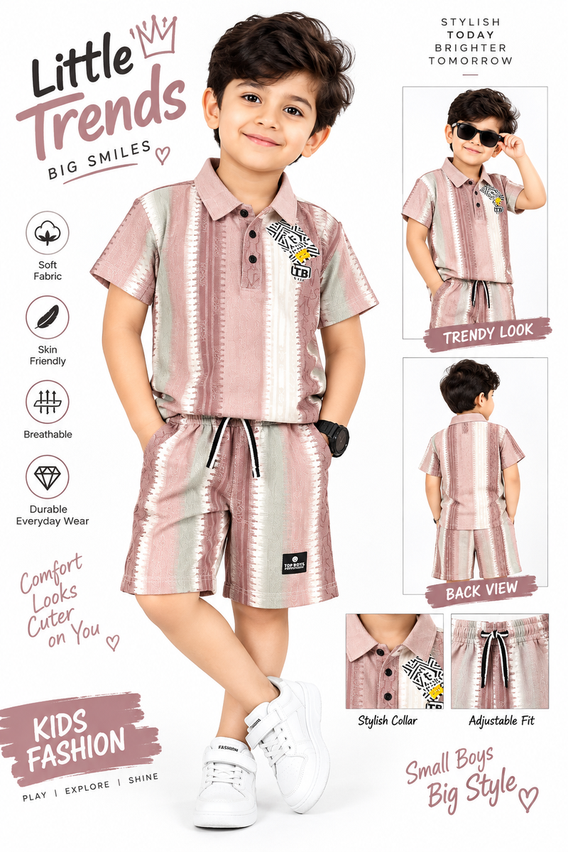 Little Trends Striped Polo T-Shirt and Shorts Set - Pink