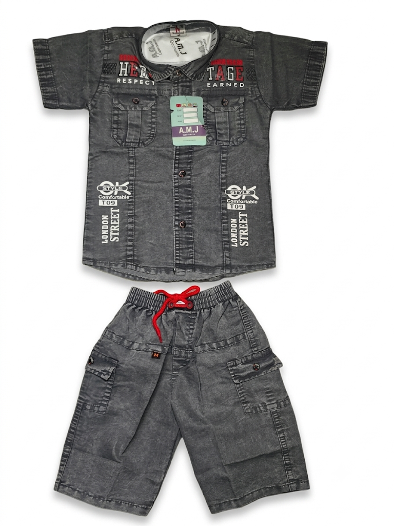 Boys Grey Denim Short Sleeve Shirt and Cargo Shorts Set — lifestyle