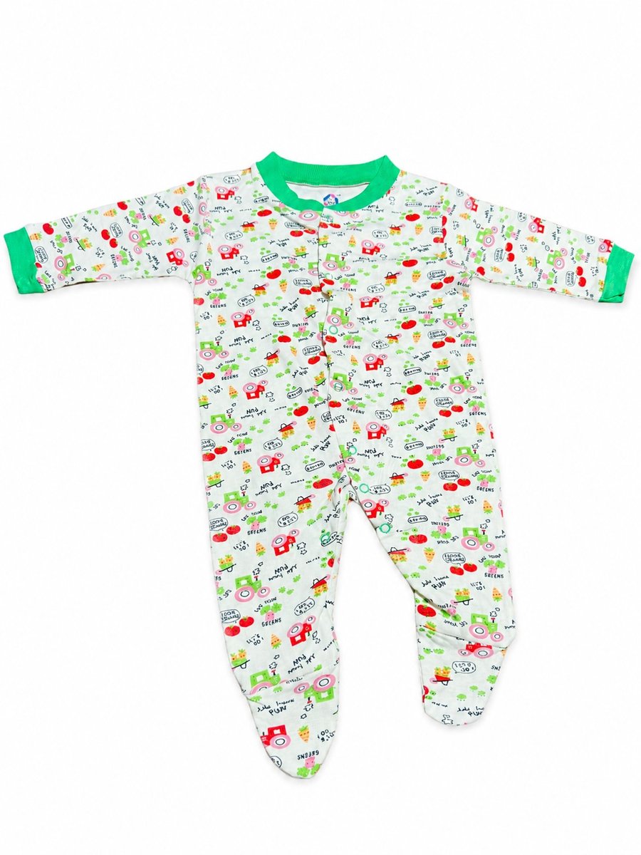 Infant Printed Cotton Romper with Feet in White and Green — lifestyle