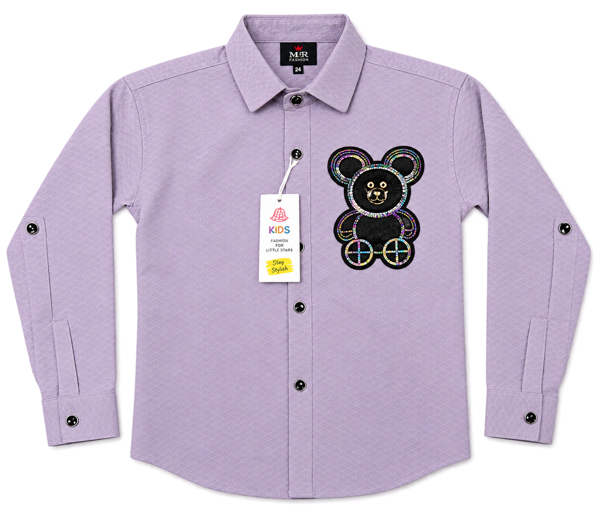 Boys Lavender Textured Full Sleeve Shirt with Teddy Patch