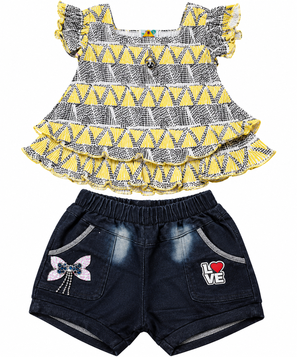 Yellow and Black Geometric Ruffle Top with Denim Shorts Set — lifestyle