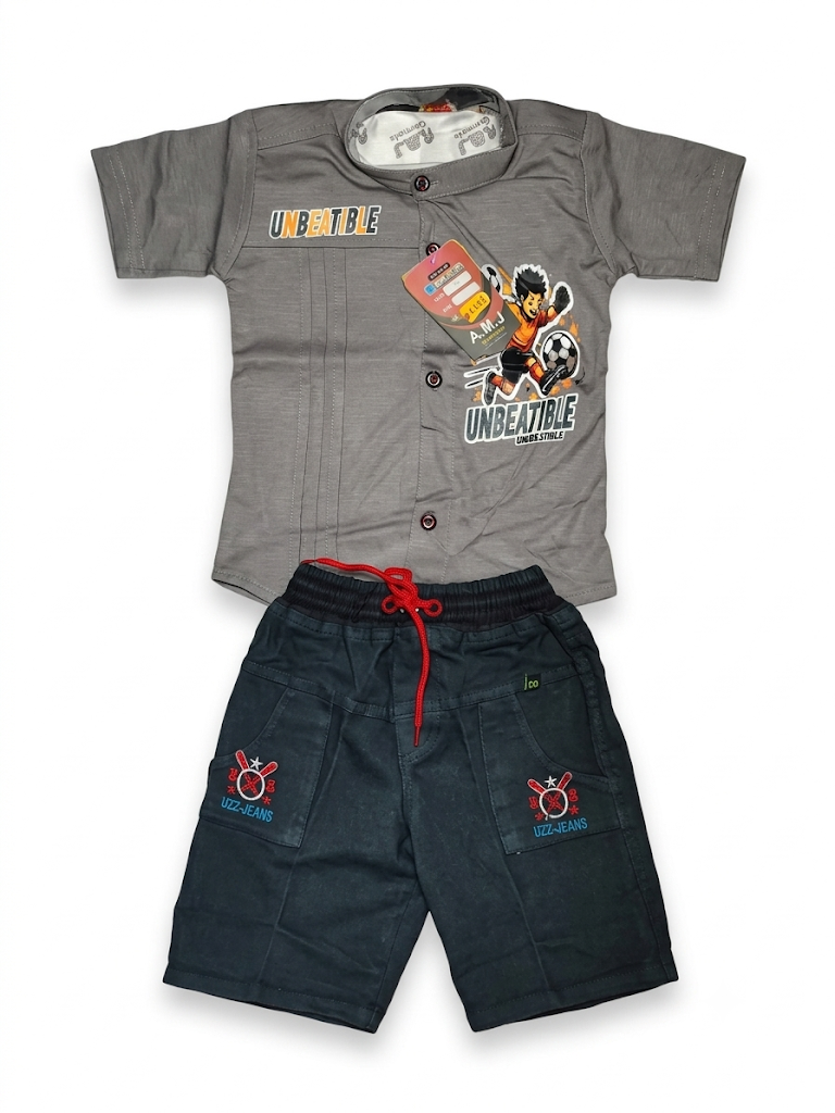 Boys Grey Casual Short Sleeve Shirt and Dark Grey Shorts Set — lifestyle