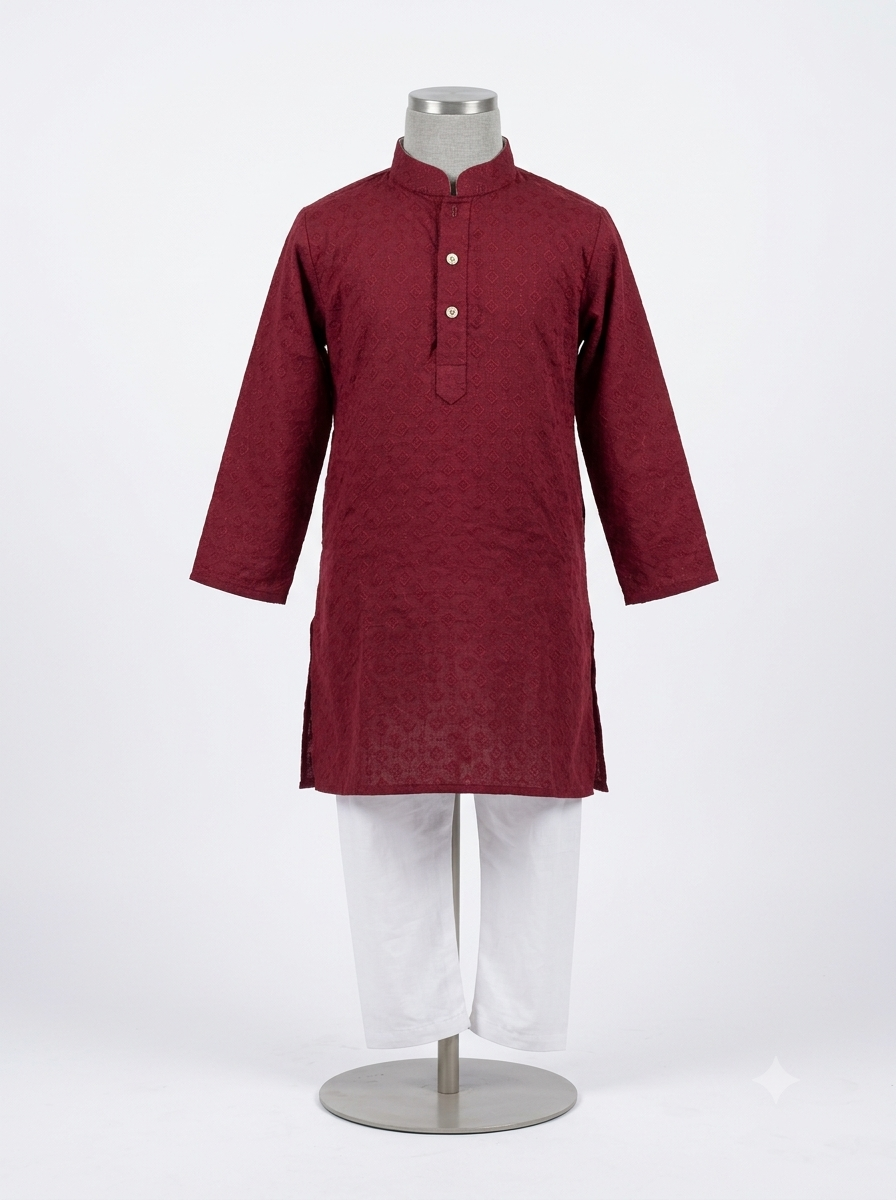 Maroon Chikankari Kurta Pajama Set for Boys