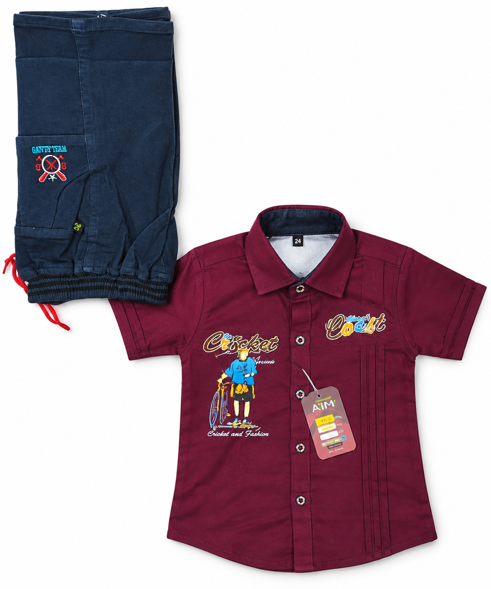 Maroon Printed Casual Shirt and Blue Shorts Set — lifestyle