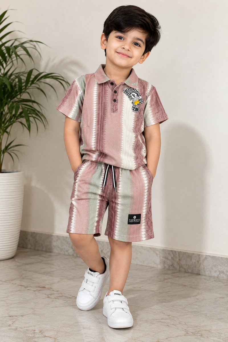 Little Trends Striped Polo T-Shirt and Shorts Set - Pink