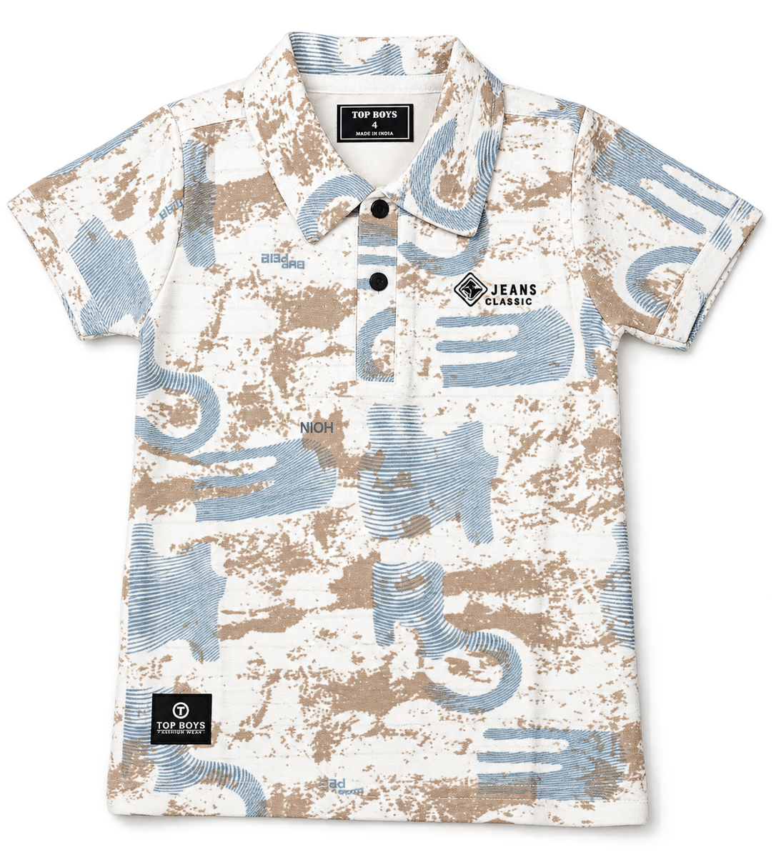 Boys Beige & Blue Abstract Print Polo T-Shirt