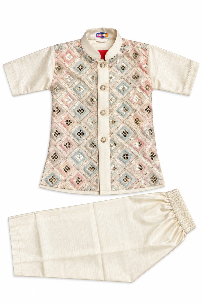 Boys Beige Kurta with Embroidered Nehru Jacket Set