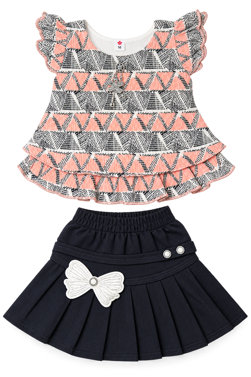 Girls Peach Geometric Print Top and Pleated Skirt Set — lifestyle