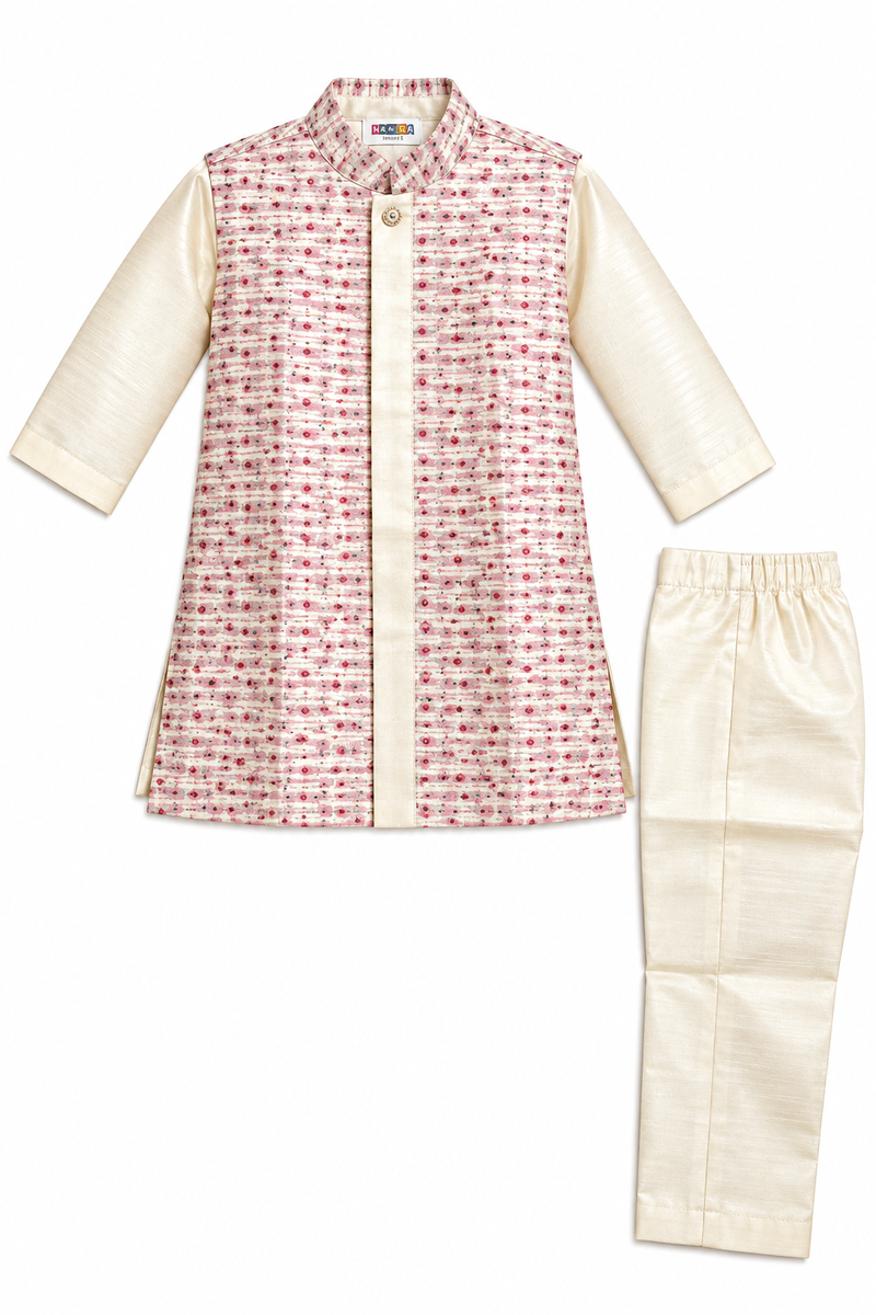 Boys Off-White and Pink Printed Kurta Pyjama with Jacket Set