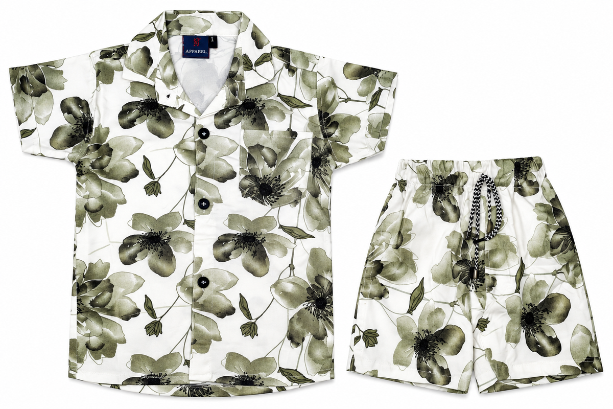 Boys White and Black Floral Print Short Sleeve Shirt and Shorts Co-ord Set — lifestyle