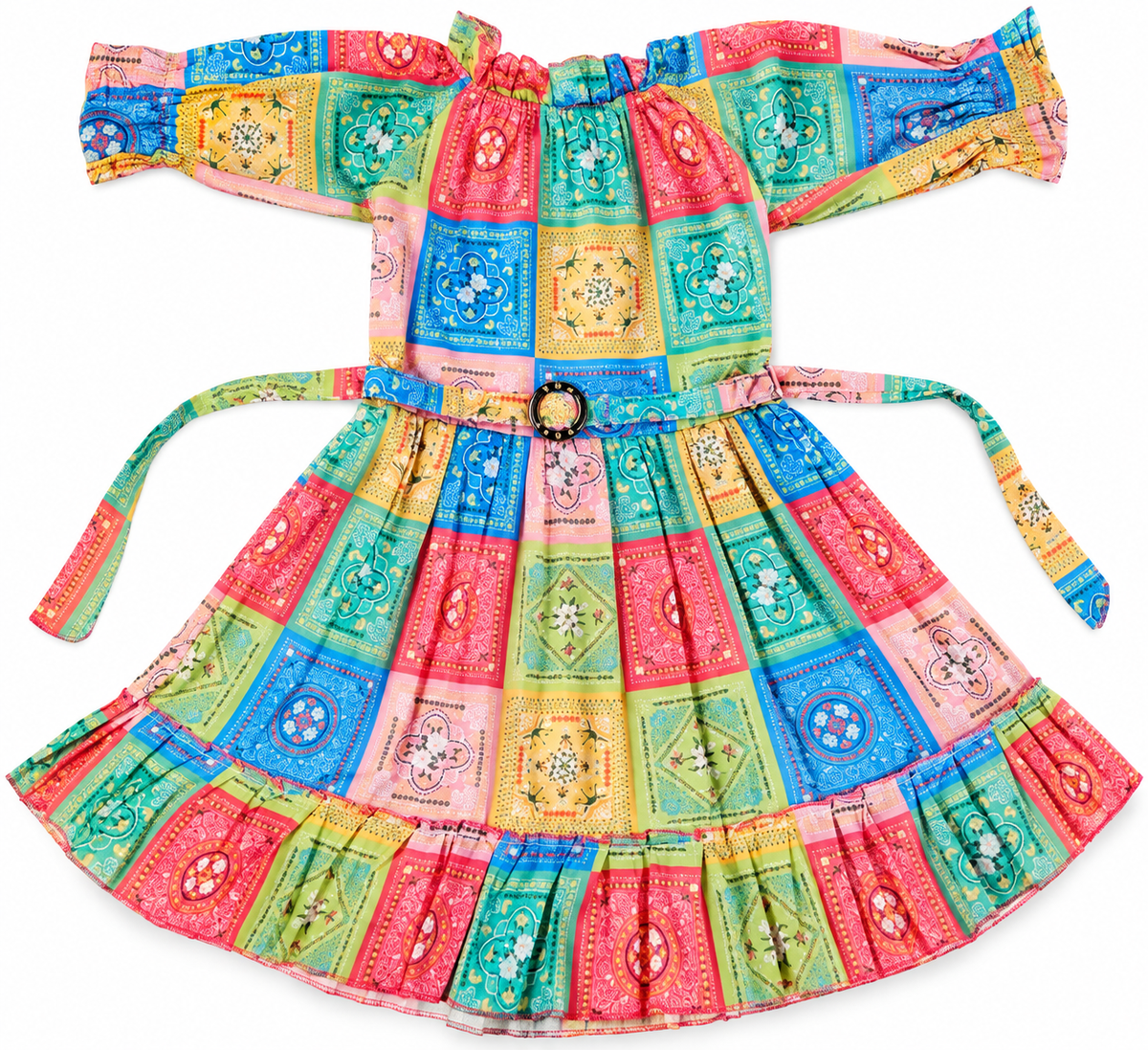 Multicolor Off-Shoulder Printed Frock with Belt