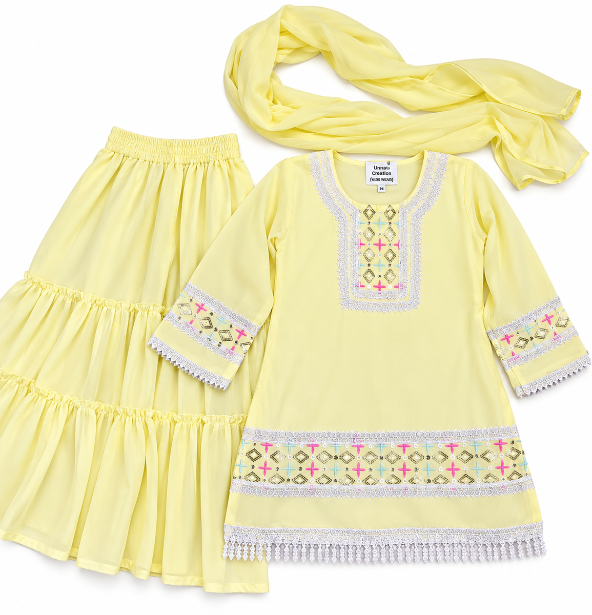 Girls Lemon Yellow Embroidered Kurta Sharara Set with Dupatta