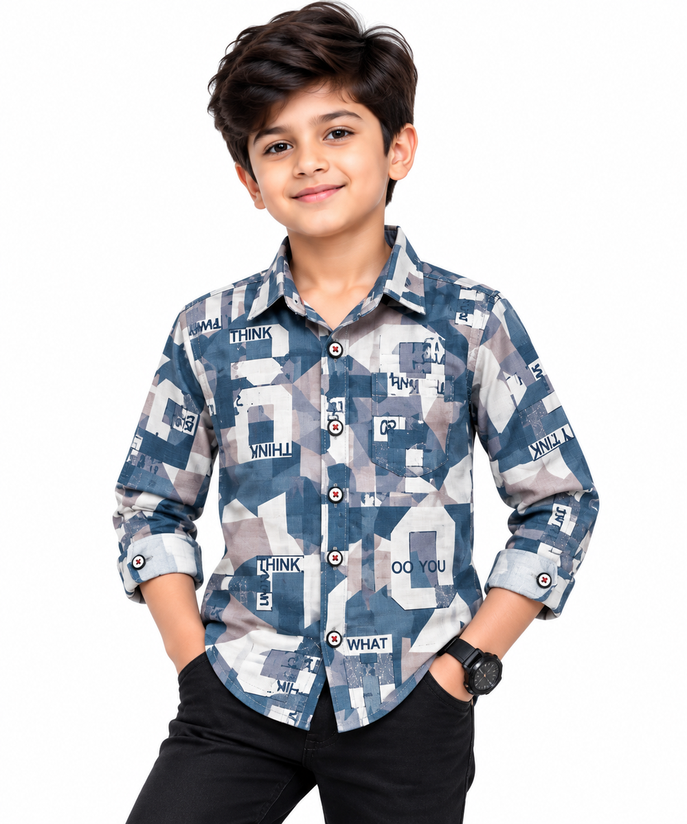 Boys Blue & Grey Geometric Printed Casual Shirt