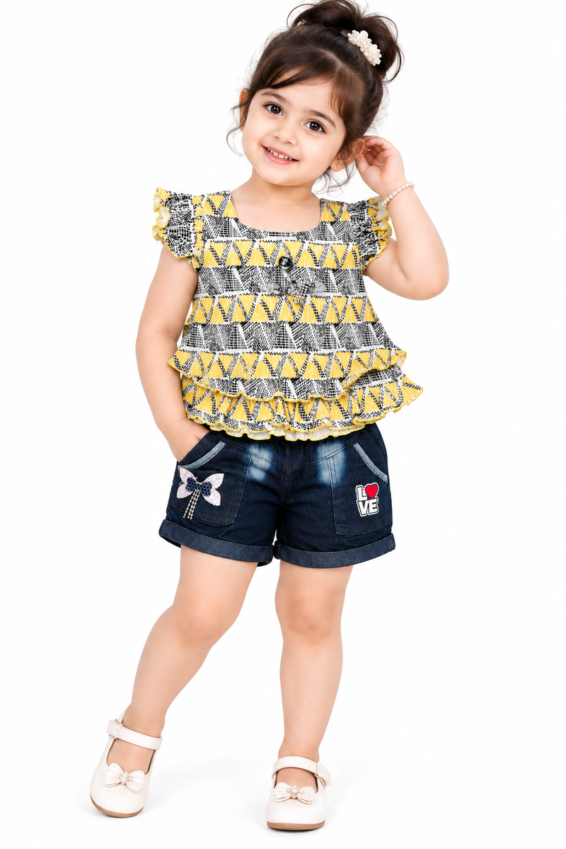 Yellow and Black Geometric Ruffle Top with Denim Shorts Set
