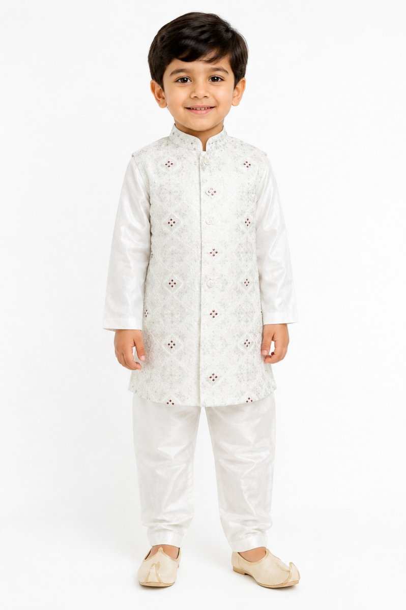 Boys White Sherwani & Indo-Western Set with Jacket