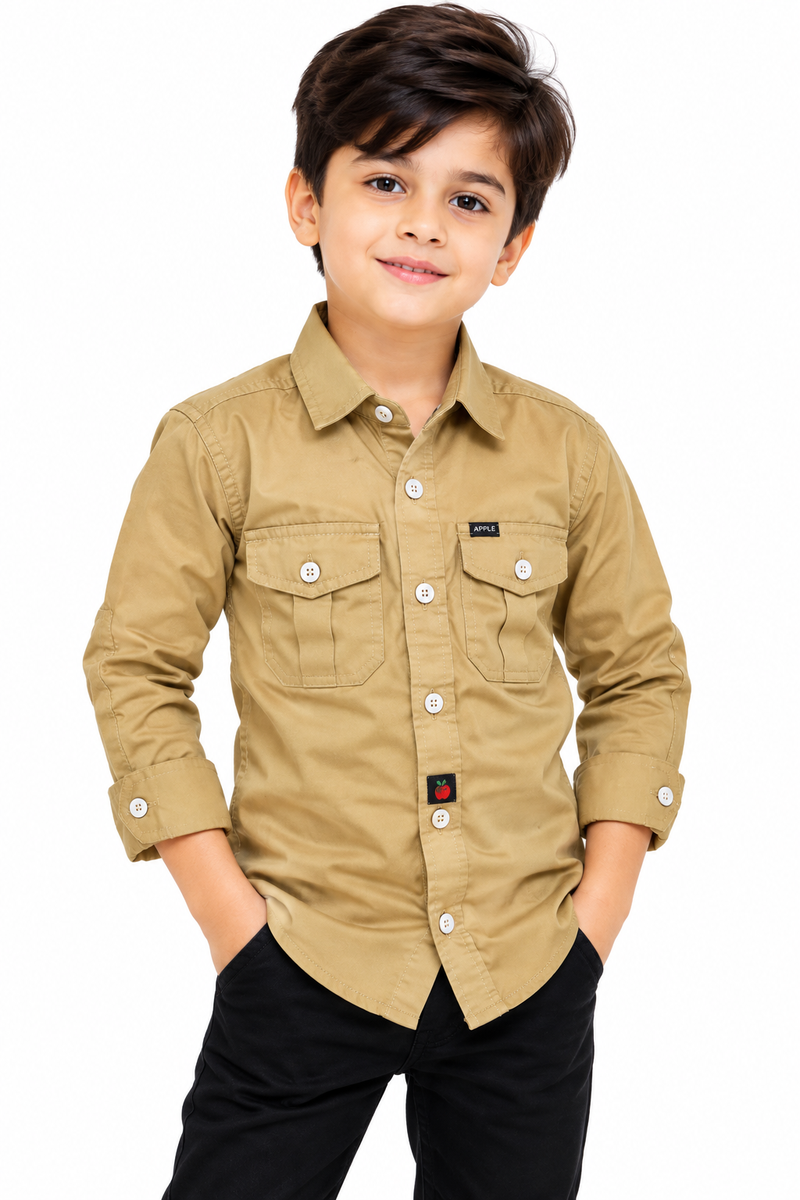 Boys Khaki Beige Double Pocket Casual Shirt