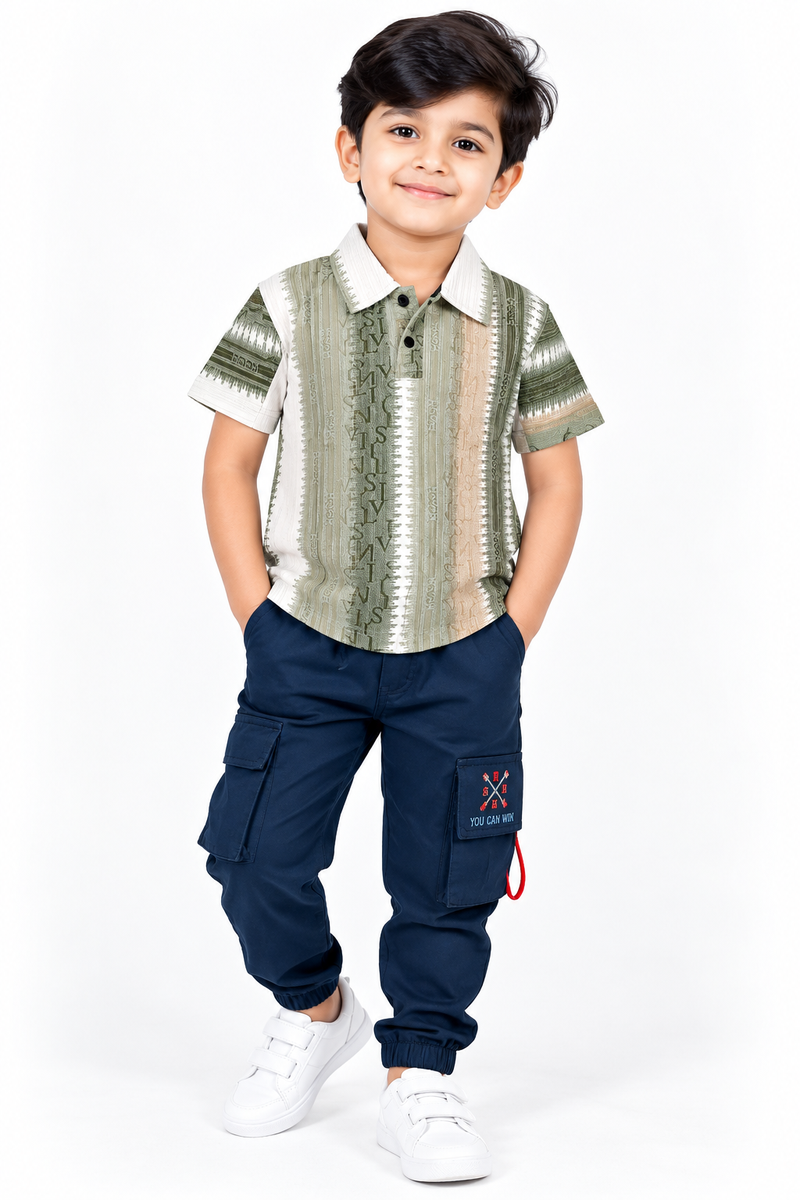 Boys Olive Green Abstract Printed Polo T-Shirt