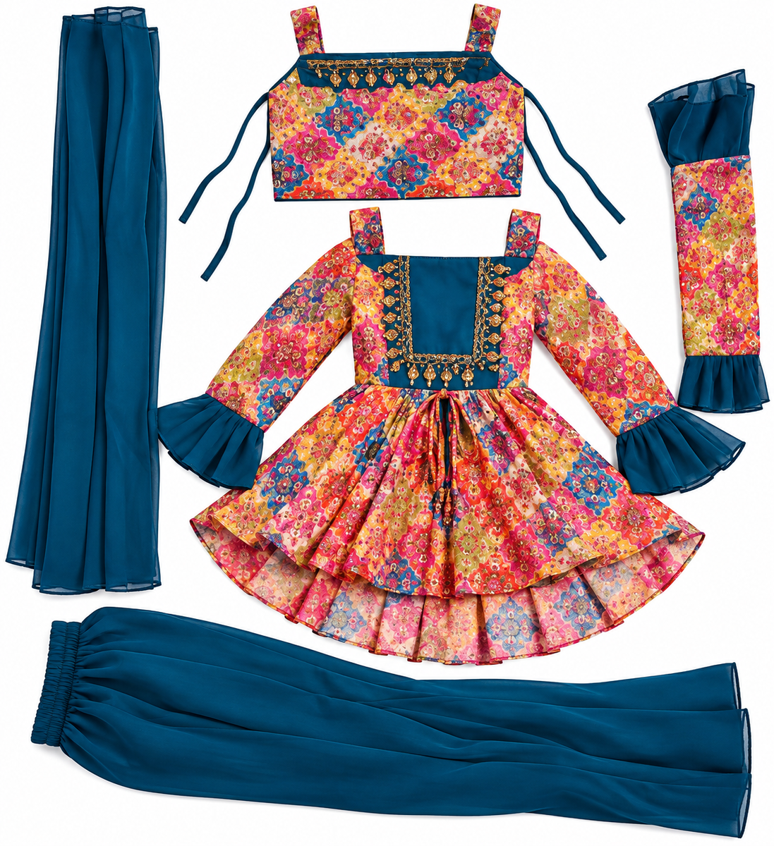 Multicolor Printed Peplum Kurta with Sharara and Dupatta