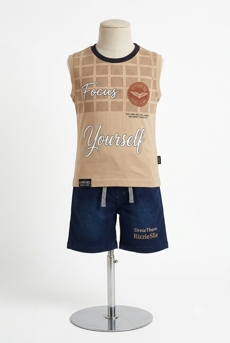 Boys Beige Printed T-Shirt with Denim Shorts Set