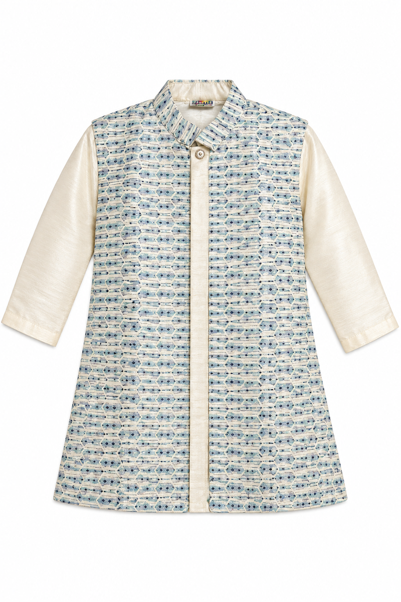 Boys Off-White Kurta with Printed Nehru Jacket Set