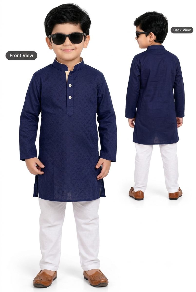 Boys Navy Blue Textured Kurta Pyjama Set