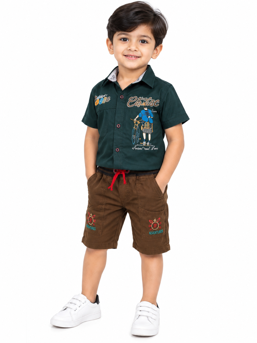 Boys Dark Green Shirt and Shorts Casual Set