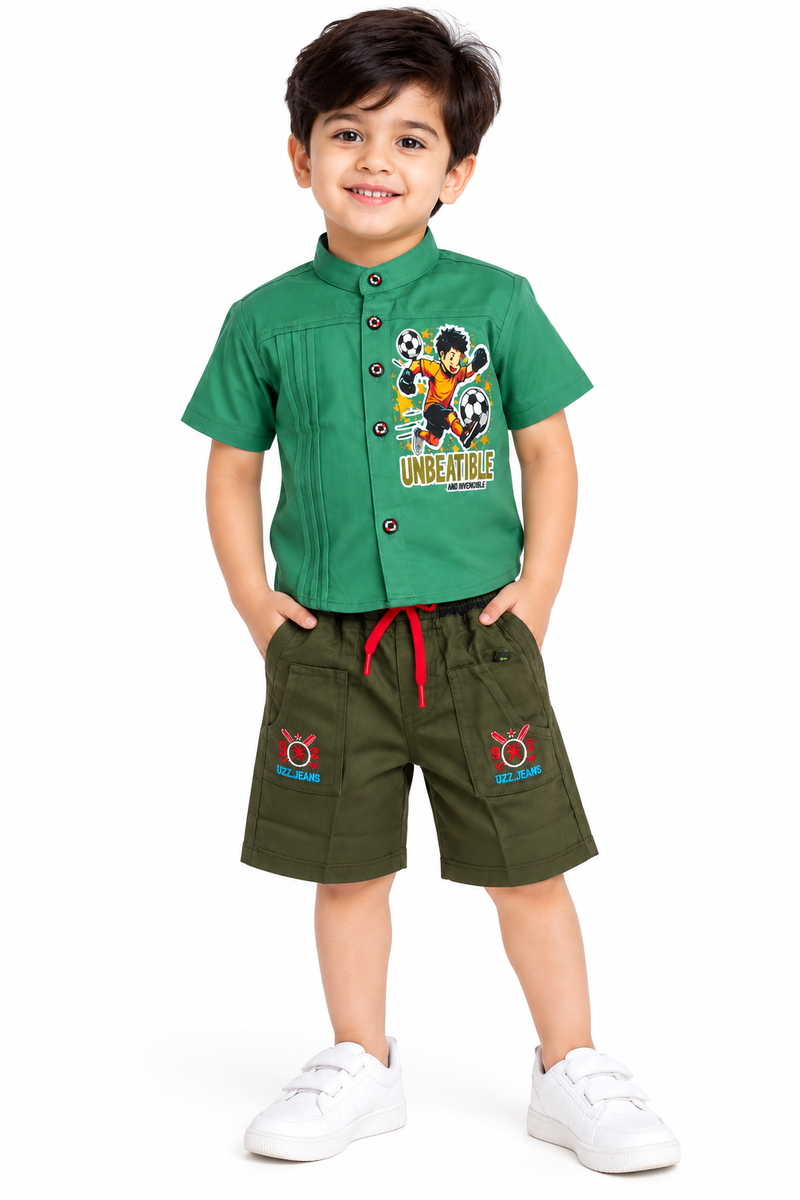 Boys Green Mandarin Collar Shirt & Shorts Co-ord Set