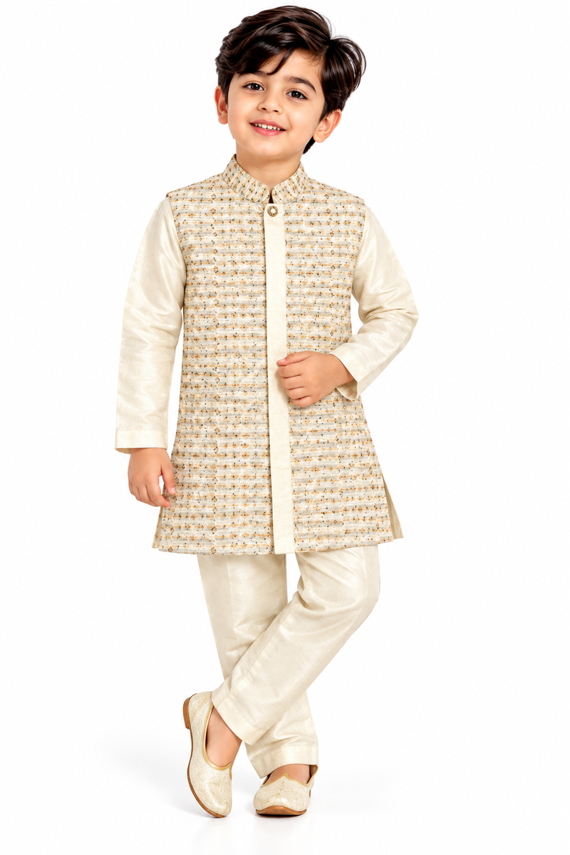 Boys Beige Silk Blend Kurta with Nehru Jacket Set