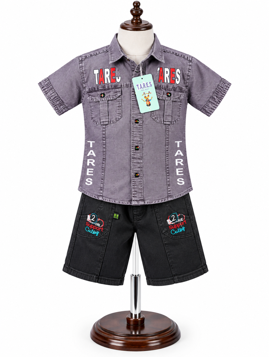 Boys Grey Casual Printed Shirt and Black Shorts Set — lifestyle