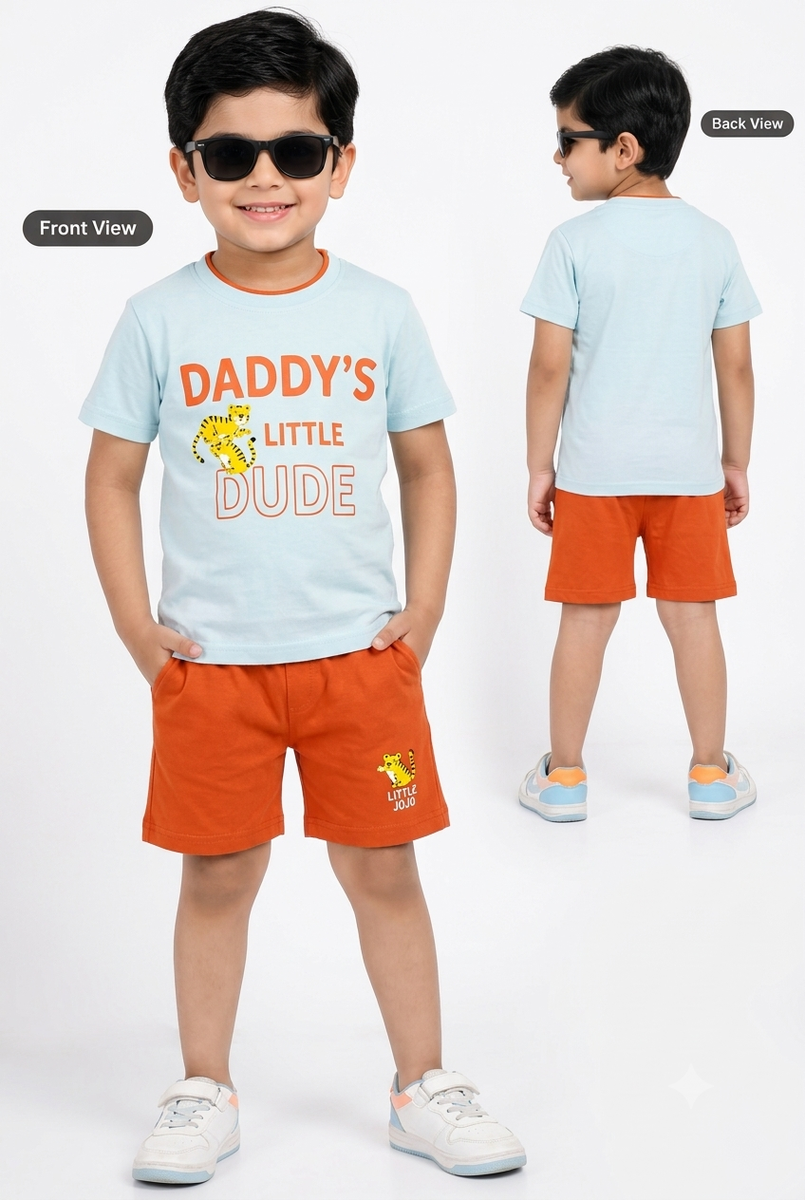 Boys Sky Blue & Rust Orange Graphic T-Shirt and Shorts Co-ord Set