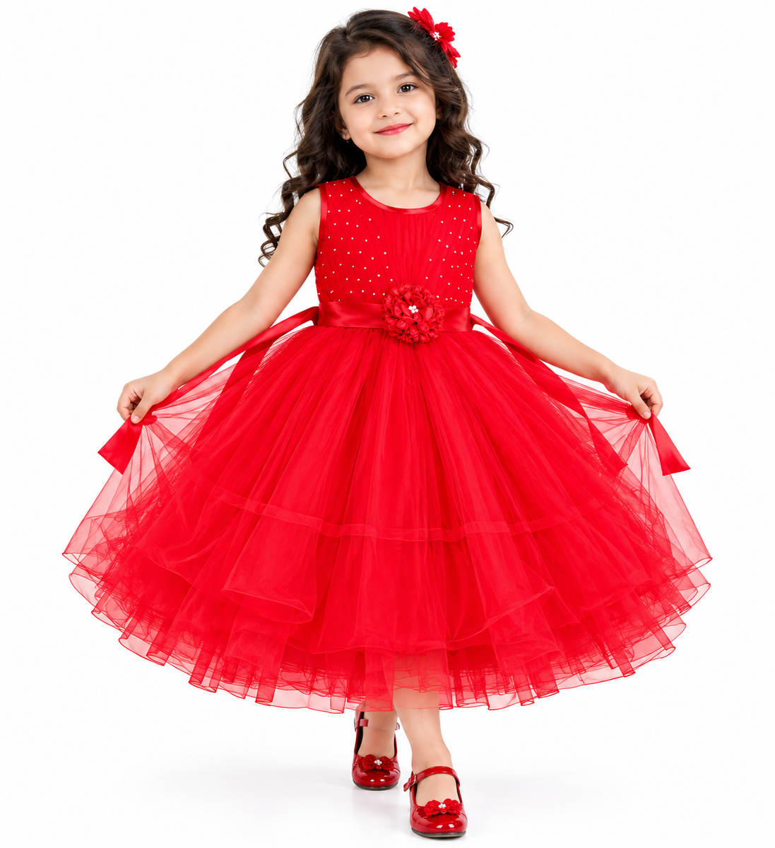 Gorgeous Red Net Party Frock for Girls