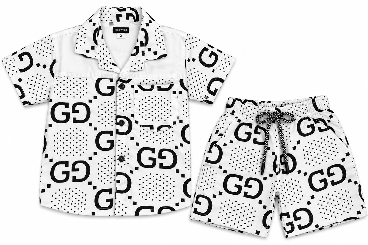 Boys White and Black Monogram Print Shirt and Shorts Co-ord Set — lifestyle