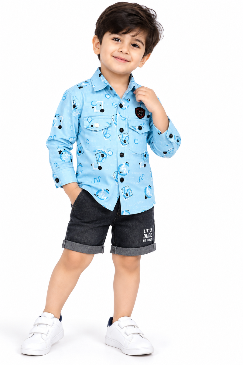 Boys Blue Printed Casual Shirt and Denim Shorts Set