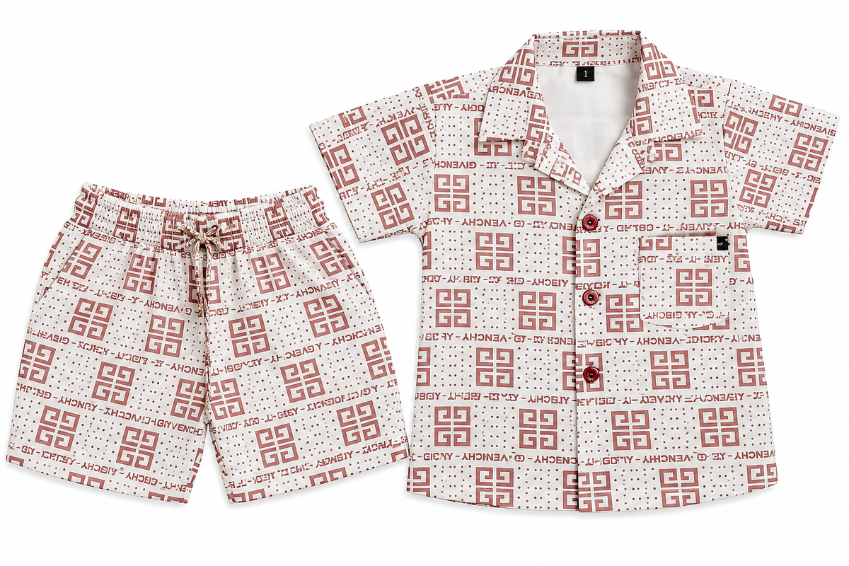Boys Geometric Print White Shirt and Shorts Co-ord Set
