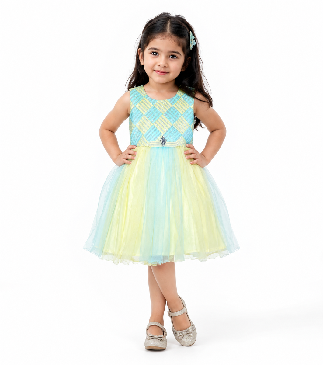 Girls Sleeveless Pastel Net Party Frock - Aqua & Yellow