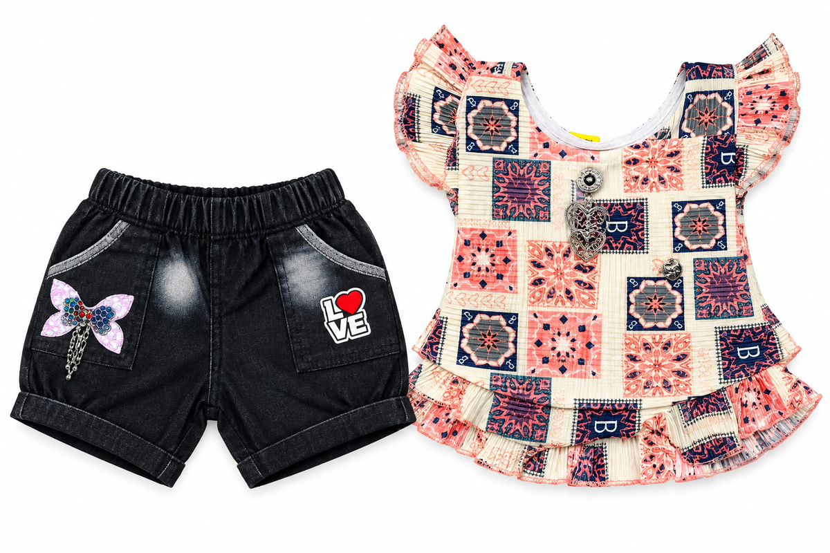Girls Multicolored Printed Top and Black Shorts Set — lifestyle