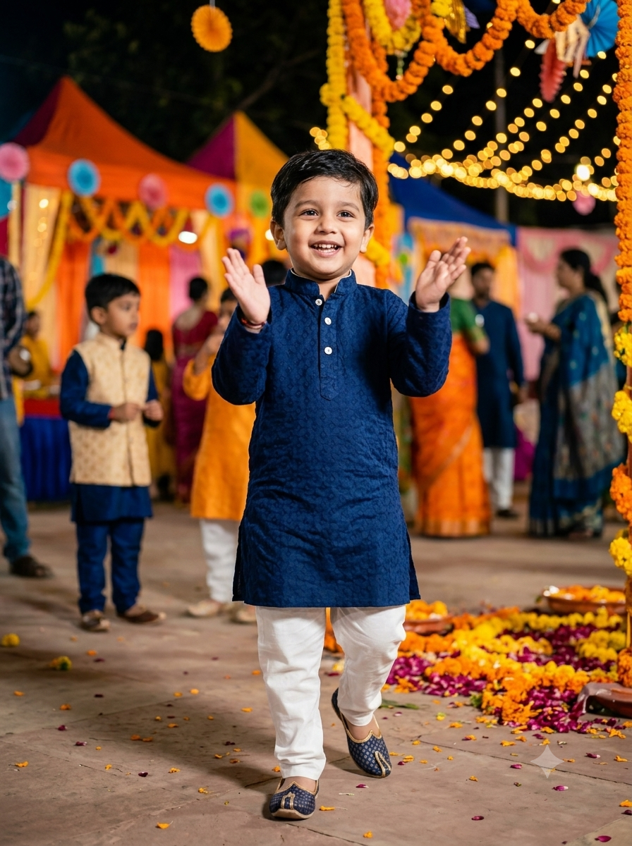 Boys Navy Blue Textured Kurta Pyjama Set