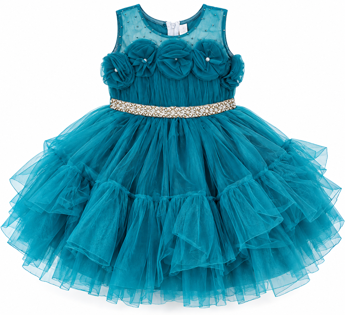 Teal Blue Floral Applique Tulle Party Frock
