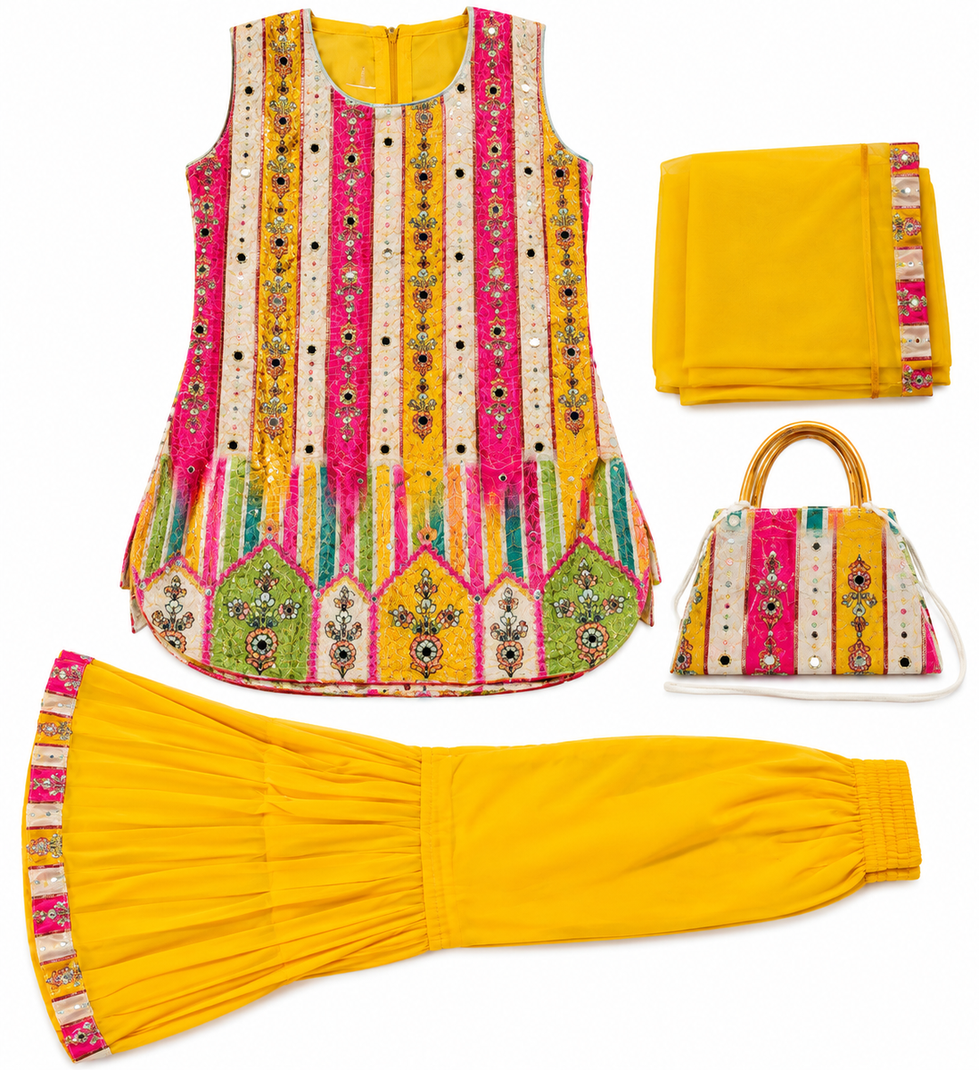 Multicolor Kurti with Yellow Sharara and Dupatta Set