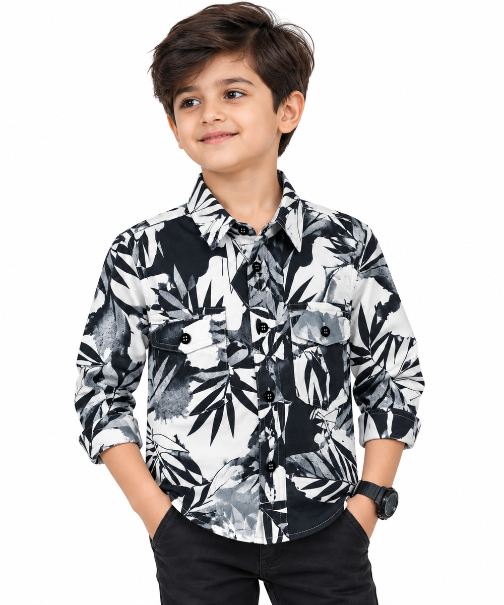 Boys Black & White Tropical Leaf Print Casual Shirt
