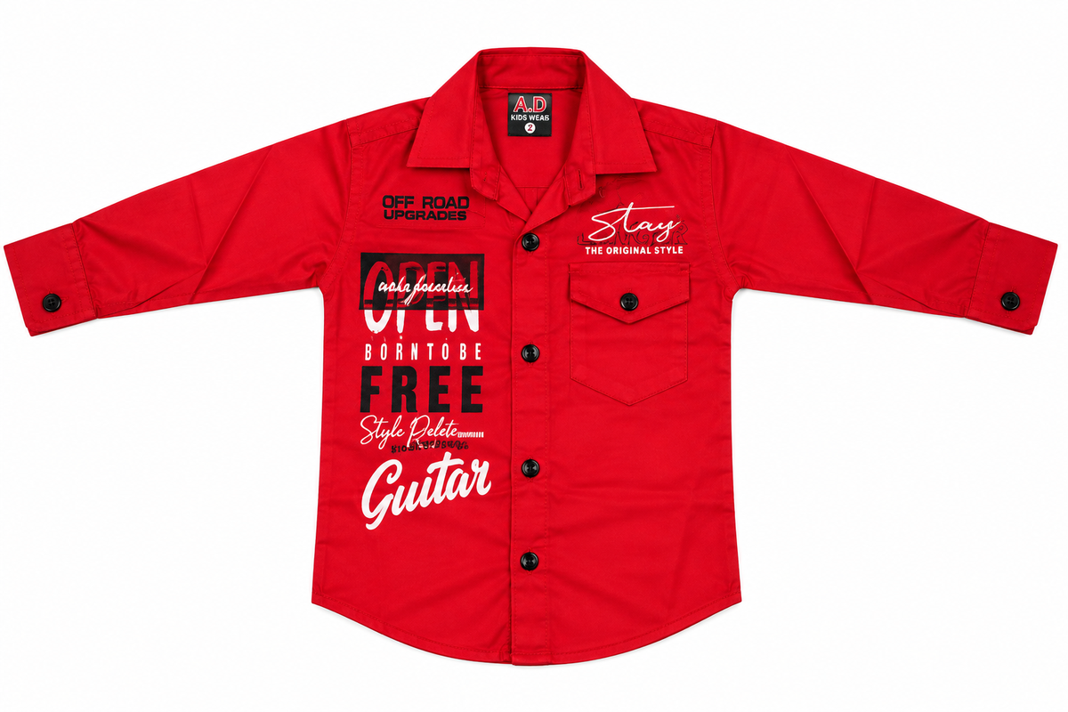 Boys Vibrant Red Graphic Print Casual Shirt with Roll-Up Sleeves — lifestyle